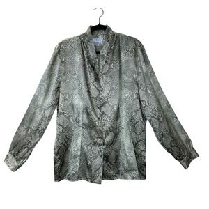 TESS VTG Snakeskin Print‎ Satin Blouse Grey Beige V-Neck Button Front Size 16